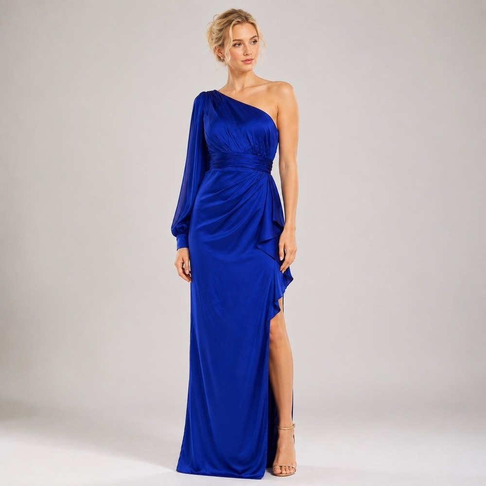 Ieena for Mac Duggal One Shoulder Bishop Sleeve Gown Sapphire Blue 55398 Size 2